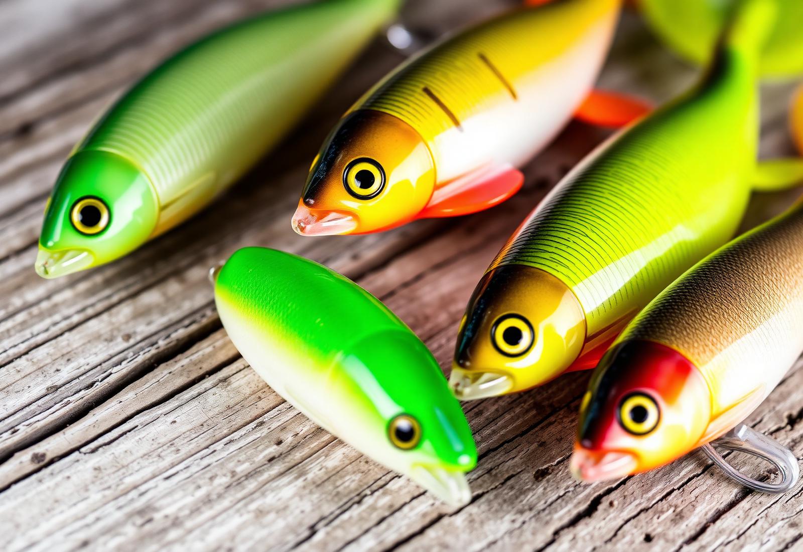 Colorful soft plastic baits on weathered wood